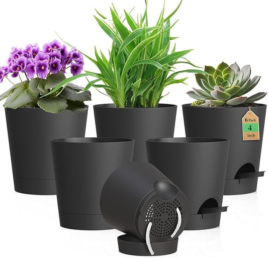 4 inch Self Watering Pots for Indoor Outdoor Plants, 6 Pack Plastic Flower Planters with Drainage Holes and Removable Saucers, Plant Pots with Wicking Rope, Modern Decor, Black