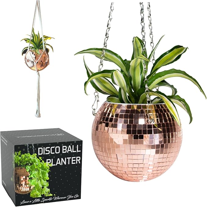 SCANDINORDICA Disco Ball Planter – Value Package: Mirror Disco Planter with Chain, Macrame Hanger and Acrylic Stand for Desk, Includes Self Watering Insert, Quirky Gifts | 6 inch Rose Gold