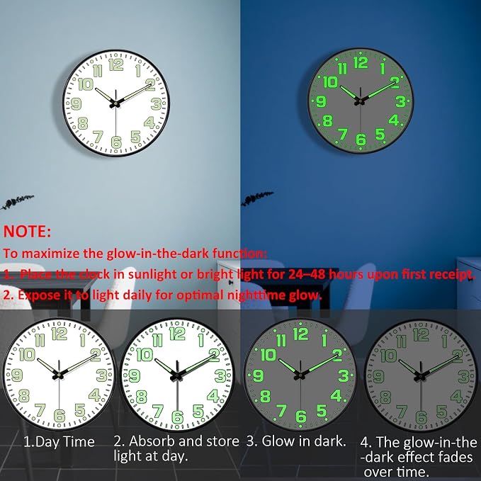 Glow in The Dark Wall Clock Non Ticking, 10 inch Silent Wall Clocks Battery - Image 4