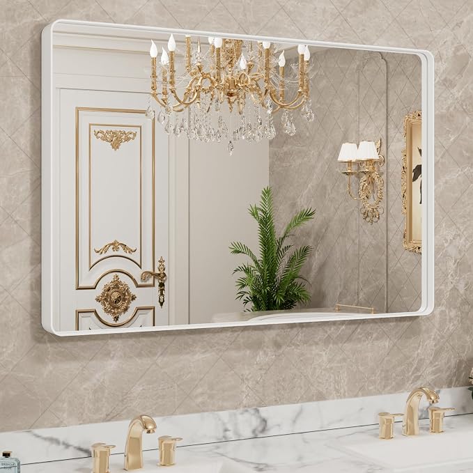 LOAAO 40x36 Inch White Metal Framed Bathroom Mirror by LOAAO