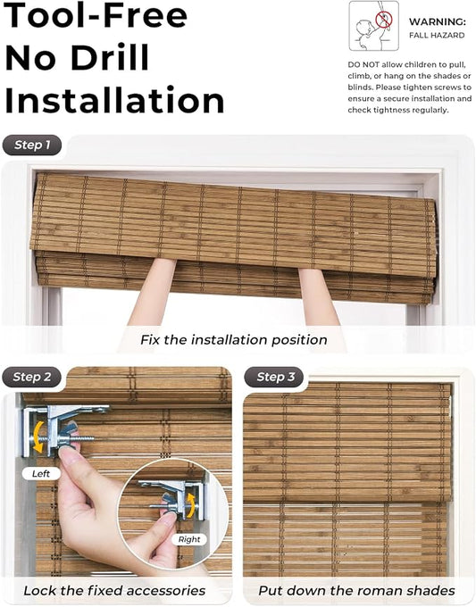 UNISHADES No Drill Cordless Bamboo Roman Shades, Light Filtering Woven Natural - Image 2