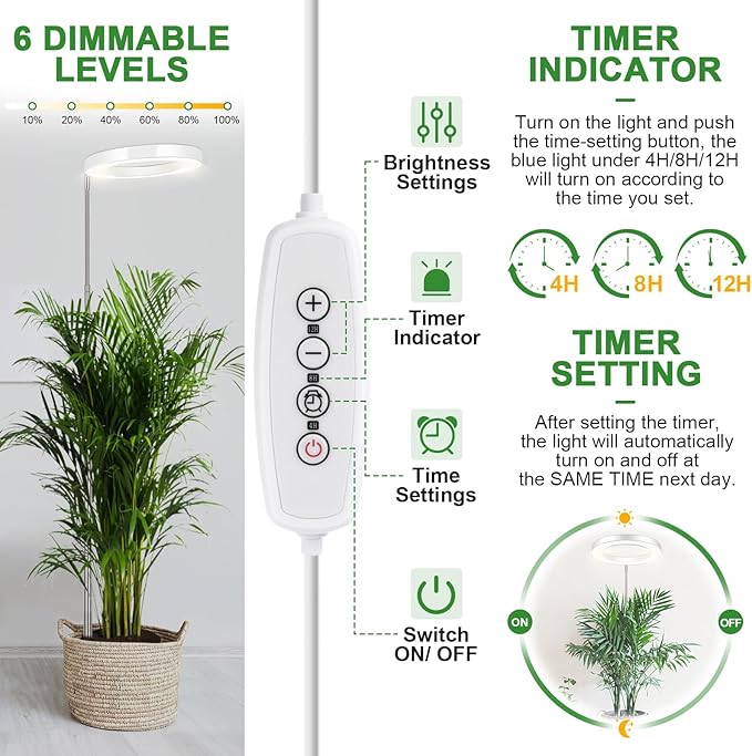 LORDEM Grow Light for Indoor Plants, 7.9" Full Spectrum LED Plant Grow Light, Height Adjustable Growing Lamp with Auto Timer 4H/8H/12H, 6 Dimmable Levels, Ideal for Indoor Large Tall Plants Growth