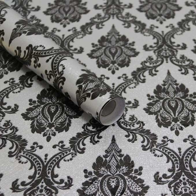 17.7" x 394" Black Peel and Stick Wallpaper Black Vintage Wall Paper by Micpolo