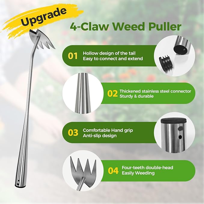 2025 Upgraded Weed Puller Tool,Portable Garden Weed Rake Uprooting Weeding Tool with Handle,4 Tooth Manganese Steel Manual Weeder Remover Tool for Gardening Backyard Farm Planting & Weeding
