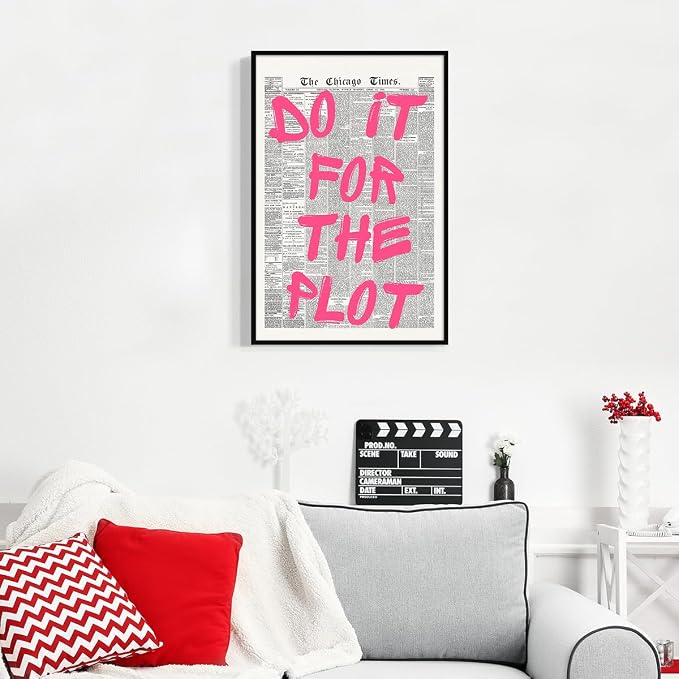 Pink Do It For The Plot Quote Poster, Vintage Black White Newspaper Canvas Wall - Image 6