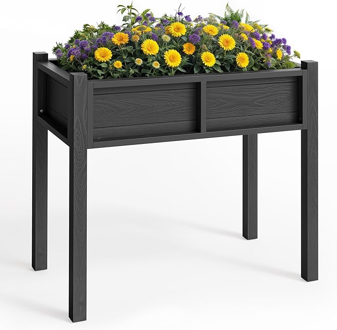 YITAHOME Raised Garden Bed, HIPS Poly Wood Elevated Planter Box with Legs and Drainage Hole, Small Flower Box Stand for Patio Balcony Garden Backyard, Black