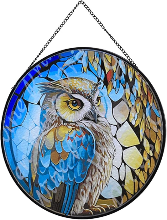 Hanging Stained Glass for Windows,20cm/7.87inch Owl Suncatcher Stained Glass Garden Hangings Ornaments Mother's Day Valentine's Day Halloween Fall Christmas Decor for Home (B Style)