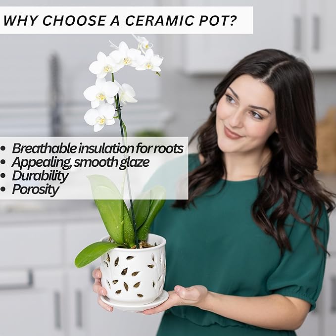 Orchid Pot with Holes & Saucer Ceramic 5.25 in. Indoor or Outdoor Large Pot for Orchid Care & Root Health with Precise Aeration & Drainage – Durable for Repotting or New Plants