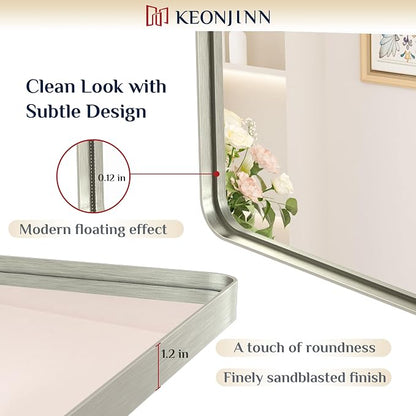Keonjinn 42 x 36 Brushed Nickel Bathroom Vanity Mirror, Large Rounded Rectangle - Image 3