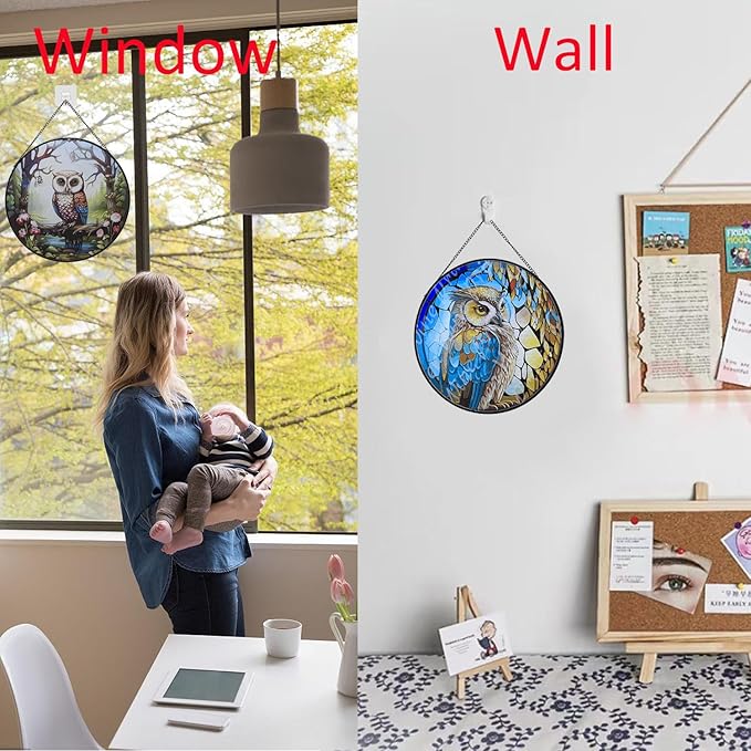 Hanging Stained Glass for Windows,20cm/7.87inch Owl Suncatcher Stained Glass Garden Hangings Ornaments Mother's Day Valentine's Day Halloween Fall Christmas Decor for Home (B Style)