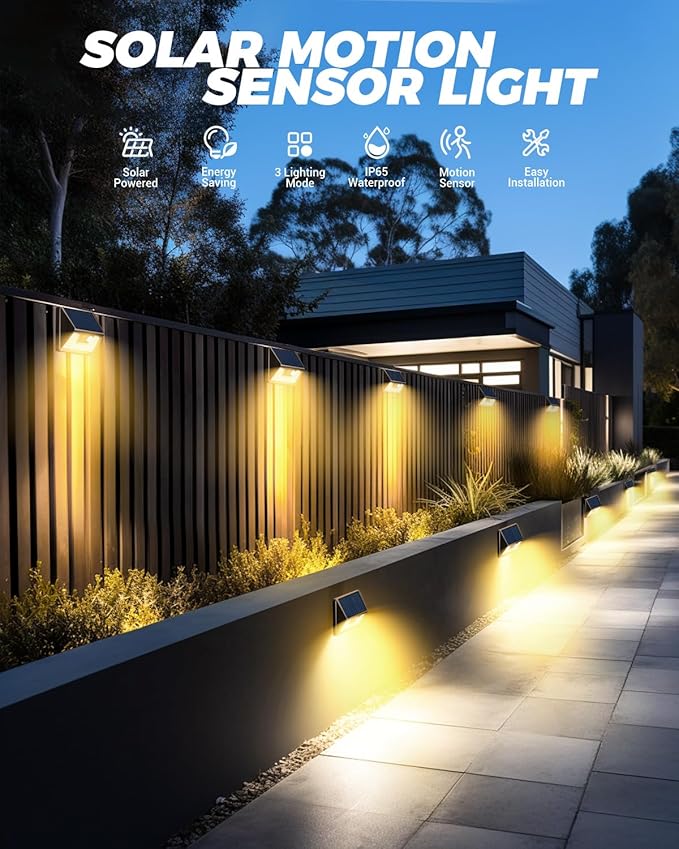 12 Pack Solar Fence Lights Waterproof, Motion Sensor Deck Lights Outdoor, Cold White LED Outside Lamp Wireless for Wall Yard Steps Stairs Garden - Brown