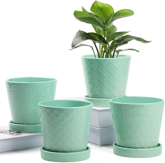 Plant Pots Indoor –5 in Ceramic Flower Pot with Drainage Hole and Ceramic Tray - Gardening Home Desktop Office Windowsill Decoration Gift, Set of 4 - Plants Not Included(Mint Green)