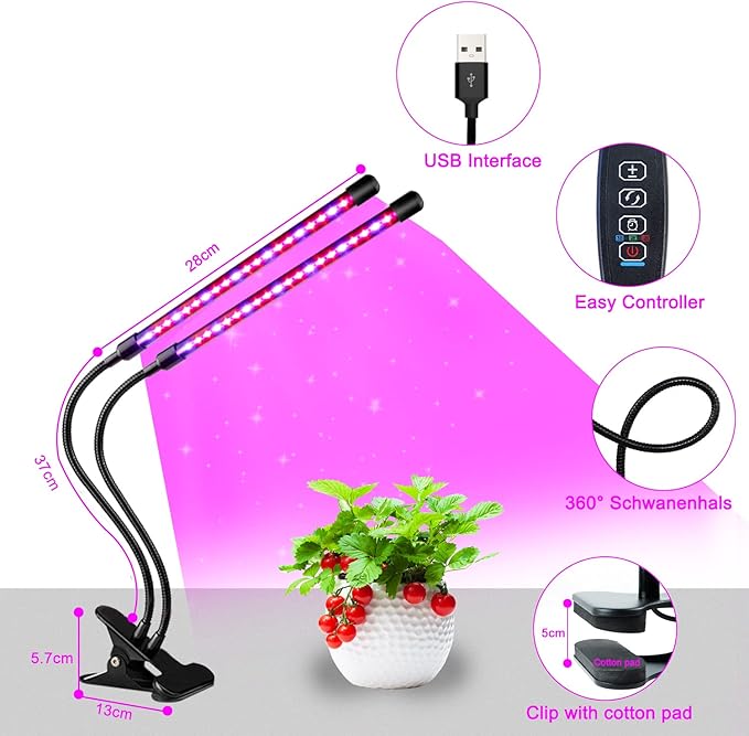Grow Lights for Indoor Plants, Full Spectrum LED Plant Lamps with Clips and 3m Cables for Seeding Growing(2 Pack)