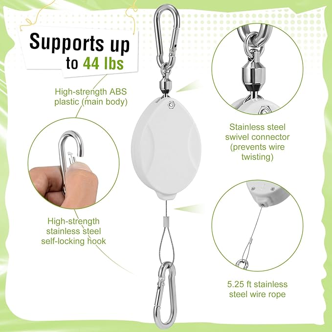 Plant Pulleys for Hanging Plants, Heavy Duty Retractable Hangers, 304 Stainless Steel Rope, Auto Plant Holder, Adjustable Climbing Hook for Garden Baskets Watering, or Bird Feeders (White-4)