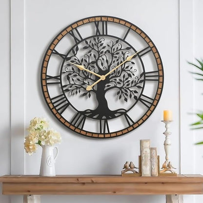 Micasso Vintage Oversize Wall Clock: 38Inch Farmhouse Tree of Life Metal by Micasso