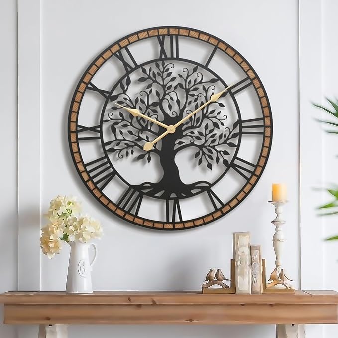 Micasso Farmhouse Large Wall Clock: 24Inch Rustic Tree of Life Metal by Micasso