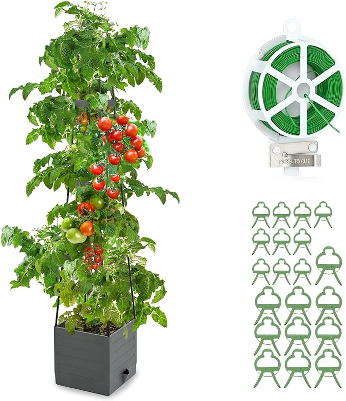 Raised Garden Bed, Planter Boxes with Trellis 58.3'' Tomato Planters for Climbing Vine Vegetables Flowers Plants Self Watering Tomatoes Cage for Outdoor Patio Greenhouse