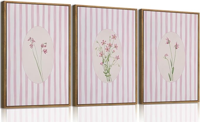 KISSFOX 3 Piece Floral Framed Wall Art Pink Wildflower Canvas Wall Art Flower by KISSFOX