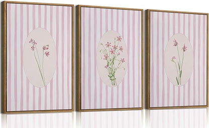 KISSFOX 3 Piece Floral Framed Wall Art Pink Wildflower Canvas Wall Art Flower by KISSFOX