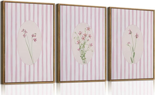 KISSFOX 3 Piece Floral Framed Wall Art Pink Wildflower Canvas Wall Art Flower by KISSFOX