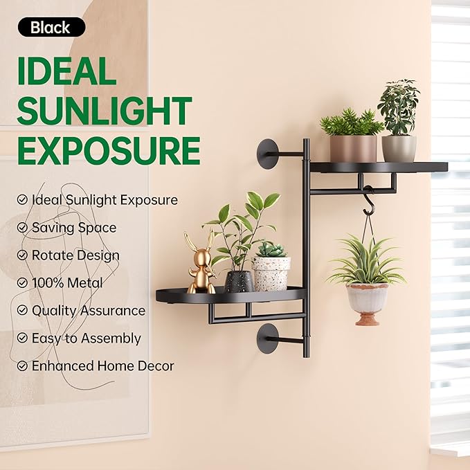 Rotating Window Plant Shelves for Multiple Plants Indoors,2-tier Metal Corner Black Plant Stand Holder Floating Plant Shelf for Wall，Windows Sill Gifts for Plant Lovers to Enhance Home Decor