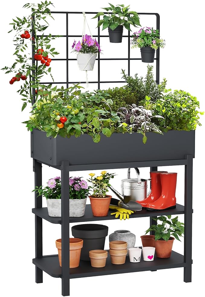 Elevated Planter Box with Trellis Raised Garden Bed with Legs Outdoor Standing Flower Beds for Patio Vegetable Herb