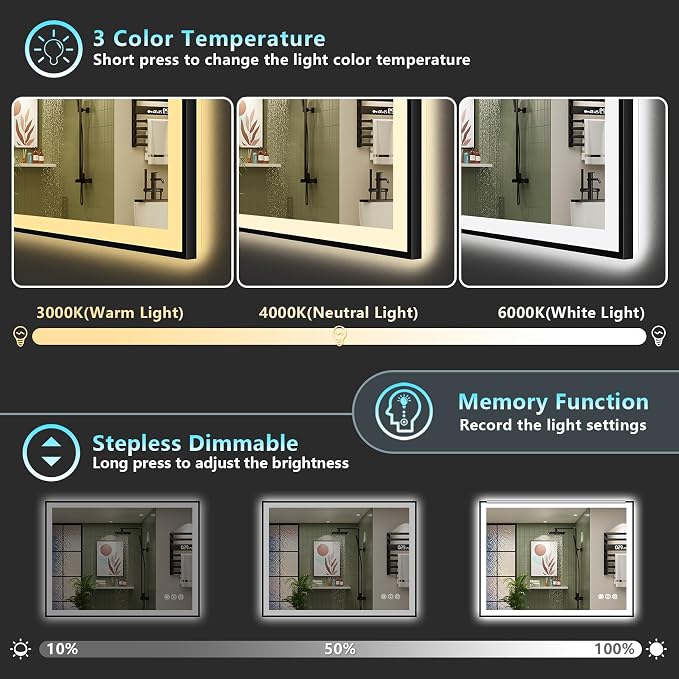 48x38 Black Framed LED Bathroom Mirror - Image 5