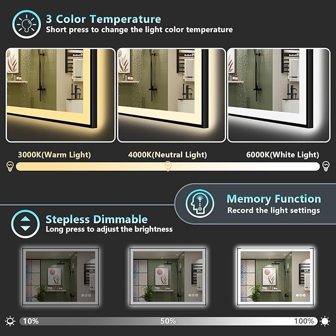 40x24 Black Framed LED Bathroom Mirror - Image 5