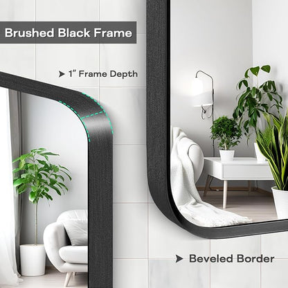 Wall Mount Mirror for Bathroom, Brushed Black Metal Framed Large Rounded Corner - Image 4
