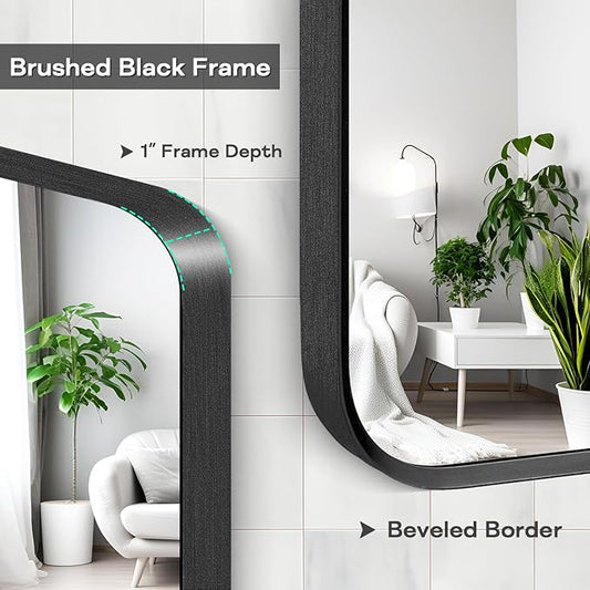 Black Framed Bathroom Mirror for Wall, Matte Black Rounded Corner Rectangle - Image 2