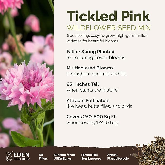 Eden Brothers Tickled Pink Flower Mixed Seeds for Planting, 1/4 lb, 120,000+ Seeds with Cosmos, Cornflower, Zinnia | Attracts Pollinators, Plant in Spring or Fall, Zones 3, 4, 5, 6, 7, 8, 9, 10