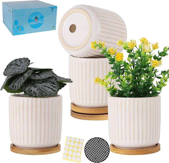 TAMAYKIM 4 Inch Ceramic Plant Pots with Drainage Holes, Modern Flower Planter with Saucer for Indoor Plants, Succulent, Cactus & Herbs, White, Set of 4 (Plants Not Included)