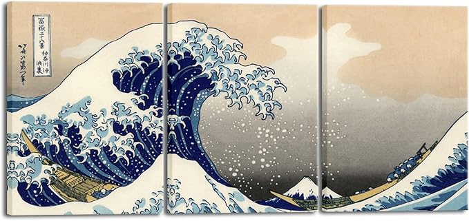 Wieco Art Great Wave of Kanagawa Katsushika Hokusai 3 Piece Modern Canvas by WiecoArt