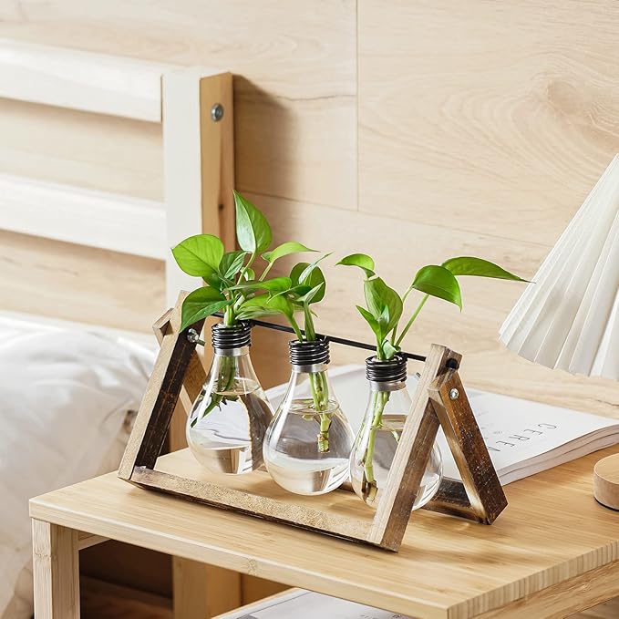 Marbrasse Plant Propagation Stations with Wooden Stand, Desktop Plant Terrarium Holder Bulb Vase, Glass Vase Container with Metal Swivel Holder for Hydroponics of Home Garden Office Decor Lover Gifts