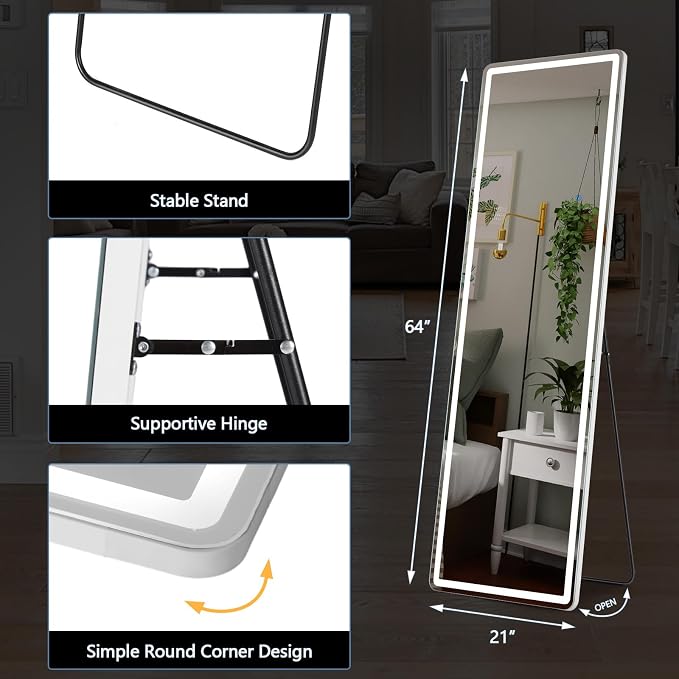 DUMOS LED Full Length Floor Mirror, 3 Color Lighting, Hanging or Leaning - Image 2