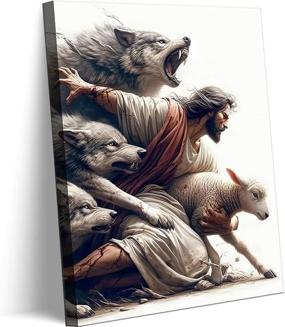 Jesus Canvas Wall Art Christian Jesus Saves the Lost Sheep Wall Decor Picture by ZCBSART