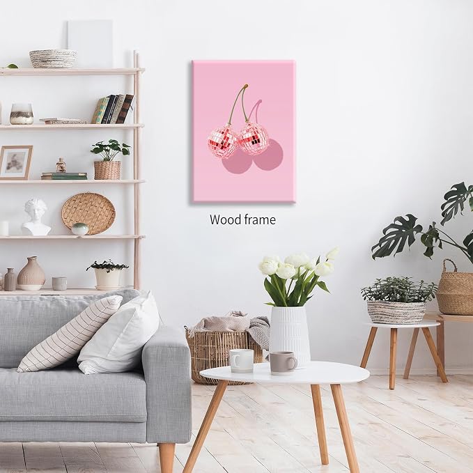 Funky Pink Cherry Poster Retro Disco Ball Canvas Wall Art 12X16 inch Framed - Image 4