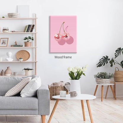 Funky Pink Cherry Poster Retro Disco Ball Canvas Wall Art 12X16 inch Framed - Image 4