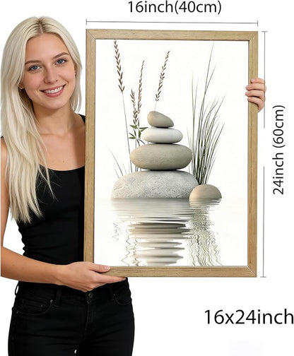 Wooden Frame Zen Stone Canvas Wall Art, Stacked Stones in Water Poster Print. - Image 7