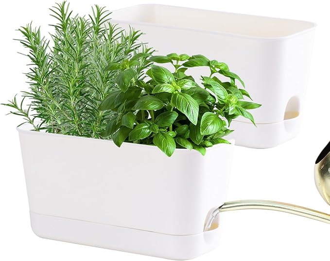 Herb Garden Planter Indoor Kit Self Watering Pots for Indoor/Outdoor Plants 2 Packs Windowsill Plant Pots with Drainage and Tray, Window Pot for Indoor Plants