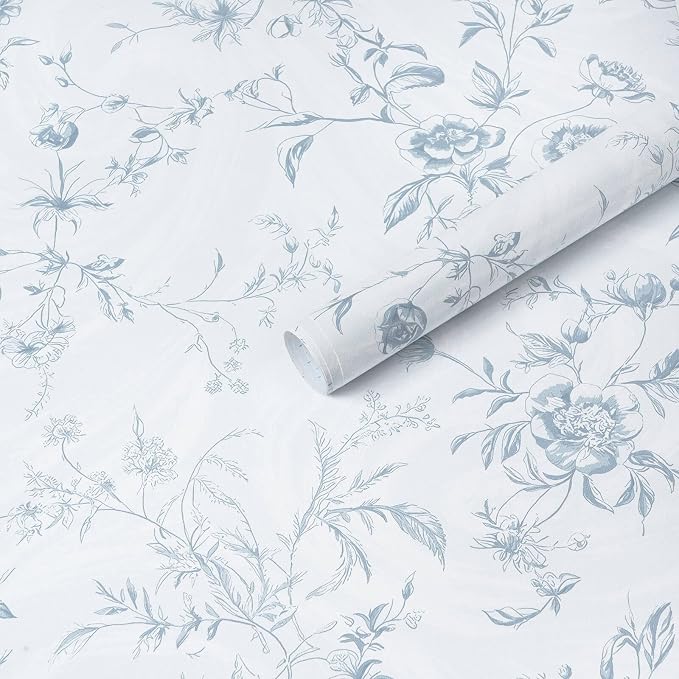 Ismoon Blue Wallpaper Peel and Stick Floral Vintage Stick on Wall Paper French by Ismoon