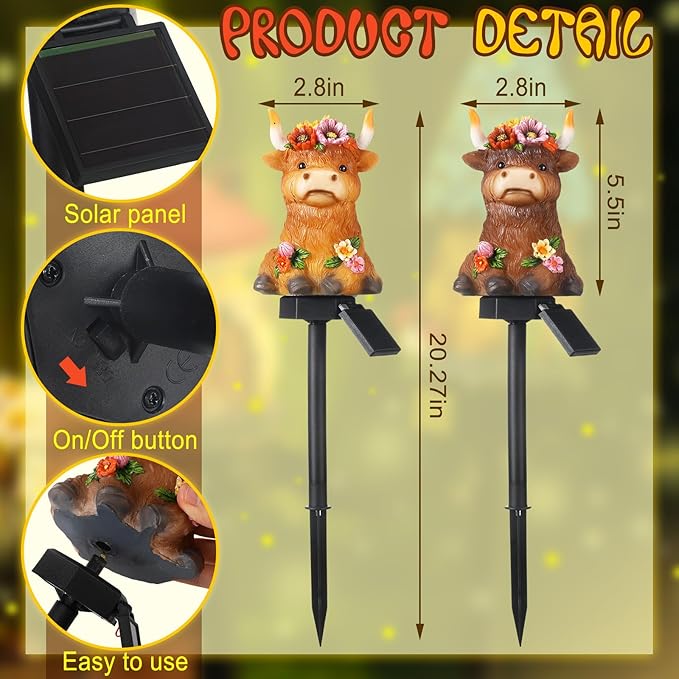 2 Pack Highland Cow Solar Lights Outdoor Garden Gnome Statues Resin Lamp Decor Waterproof Stake Lights Highland Cow Gifts for Yard Patio Lawn Decor