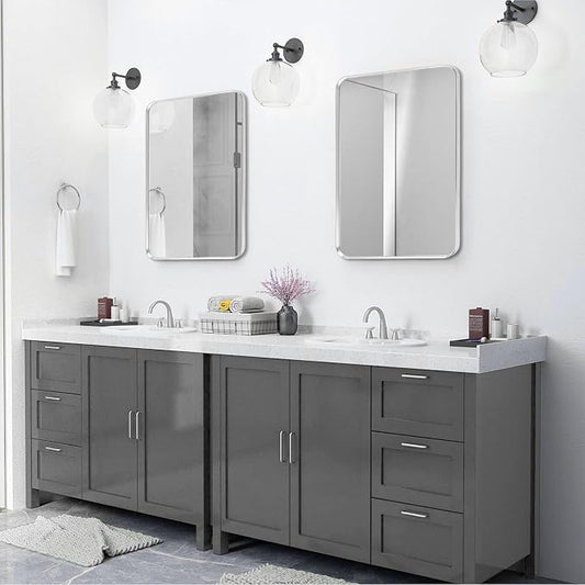 Silver Framed Bathroom Mirror, Brushed Nickel Rounded Corner Rectangle Wall - Image 2