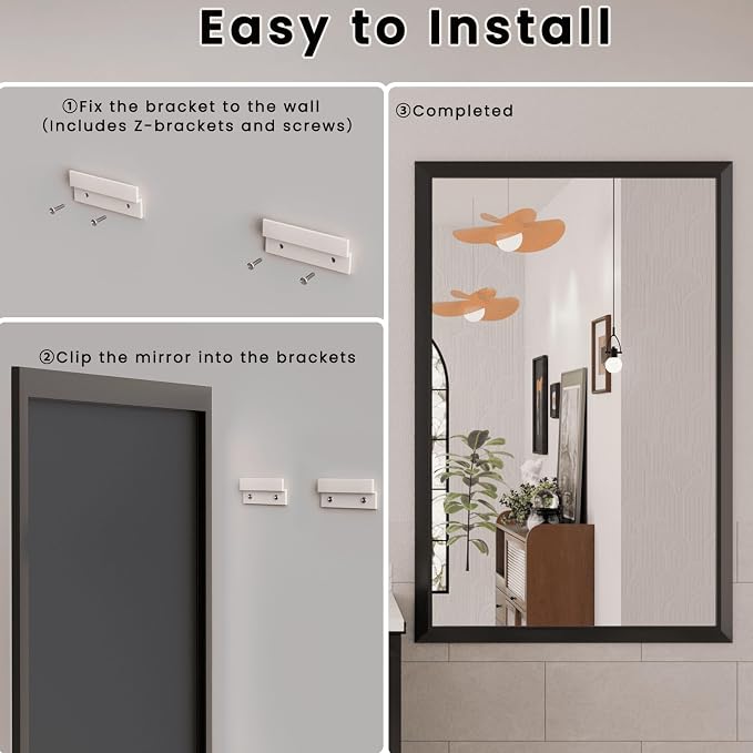 Amorho Bathroom Mirror Black, 30x36 Inch Thick Metal Framed Wall Mirrors - Image 4
