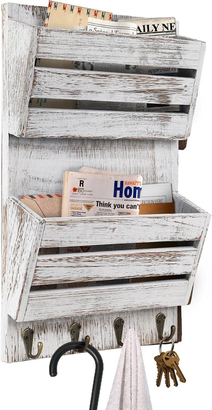 Mail Organizer Wall Mount with 4 Key Hooks, Rustic Wooden Hanging Mail Sorter - Image 8