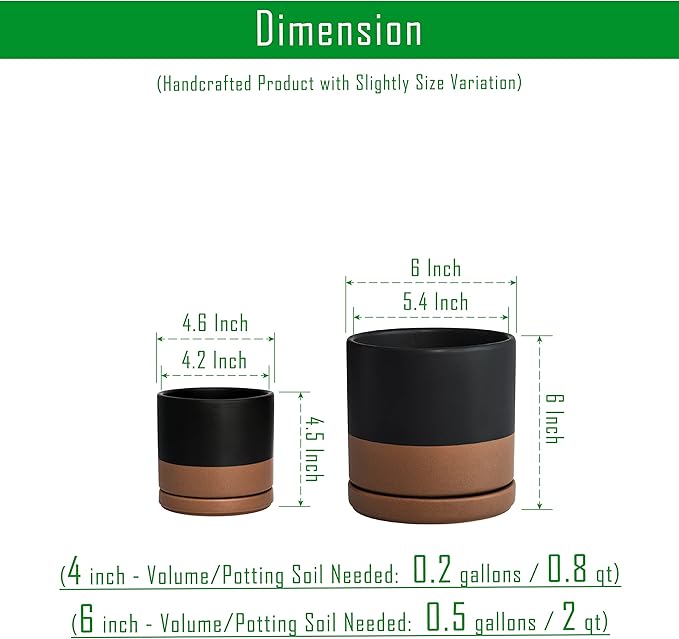 D'vine Dev 4.6 Inch & 6 Inch Ceramic Planter Pots for Plants with Drainage Hole and Saucer, Small Plant Pots Set, Black/Speckled Tan, 94-G-S-7