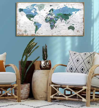 Framed Wall Art World Map Wall Art Canvas Picture 20inchx40inch Large Blue Map - Image 4