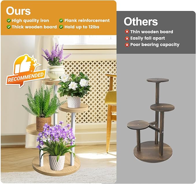 GEEBOBO 3 Tier Plant Stand Indoor, Metal Wood Plant Stands For Indoor Plants Multiple, Corner Tiered Flower Plants Shelf Stand for Living Room Bedroom, White