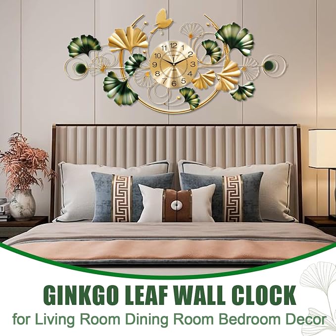 Big Wall Clock, Unique Ginkgo Leaf Decorative Wall Clocks, Luxury Metal Gold - Image 3
