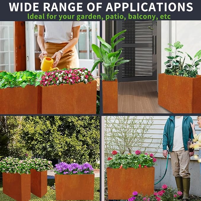 Metal Tall Long Planter Box Large Rectangular Planter Flower Pot with Drainage Holes for Indoor Outdoor Deck Porch Garden Home Patio Front Door (Rusty Orange, M)